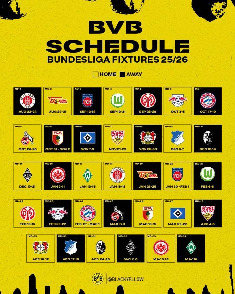 ayxsports-多特新赛季德甲赛程：首轮客战圣保利，10月中旬对阵拜仁