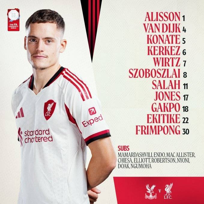 社区盾-水晶宫vs利物浦首发：萨拉赫PK埃泽，埃基蒂克 维尔茨先发