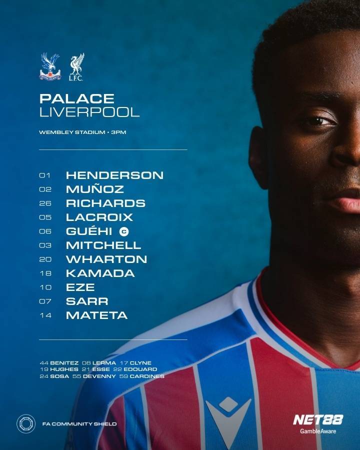 社区盾-水晶宫vs利物浦首发：萨拉赫PK埃泽，埃基蒂克 维尔茨先发