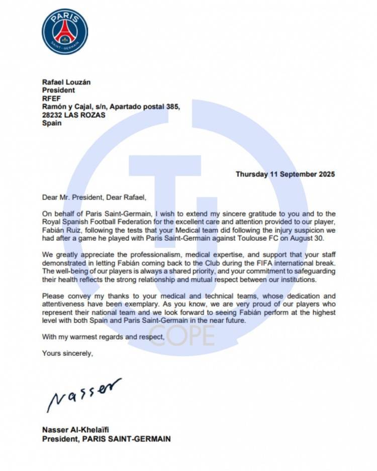 爱游戏体育平台-反观？巴黎主席纳赛尔致信西足协，感谢西班牙队放法比安提前归队